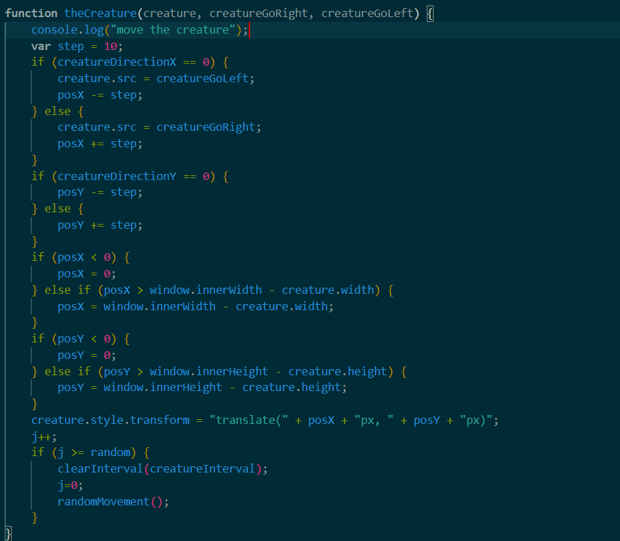 the mostly finished code for the creature