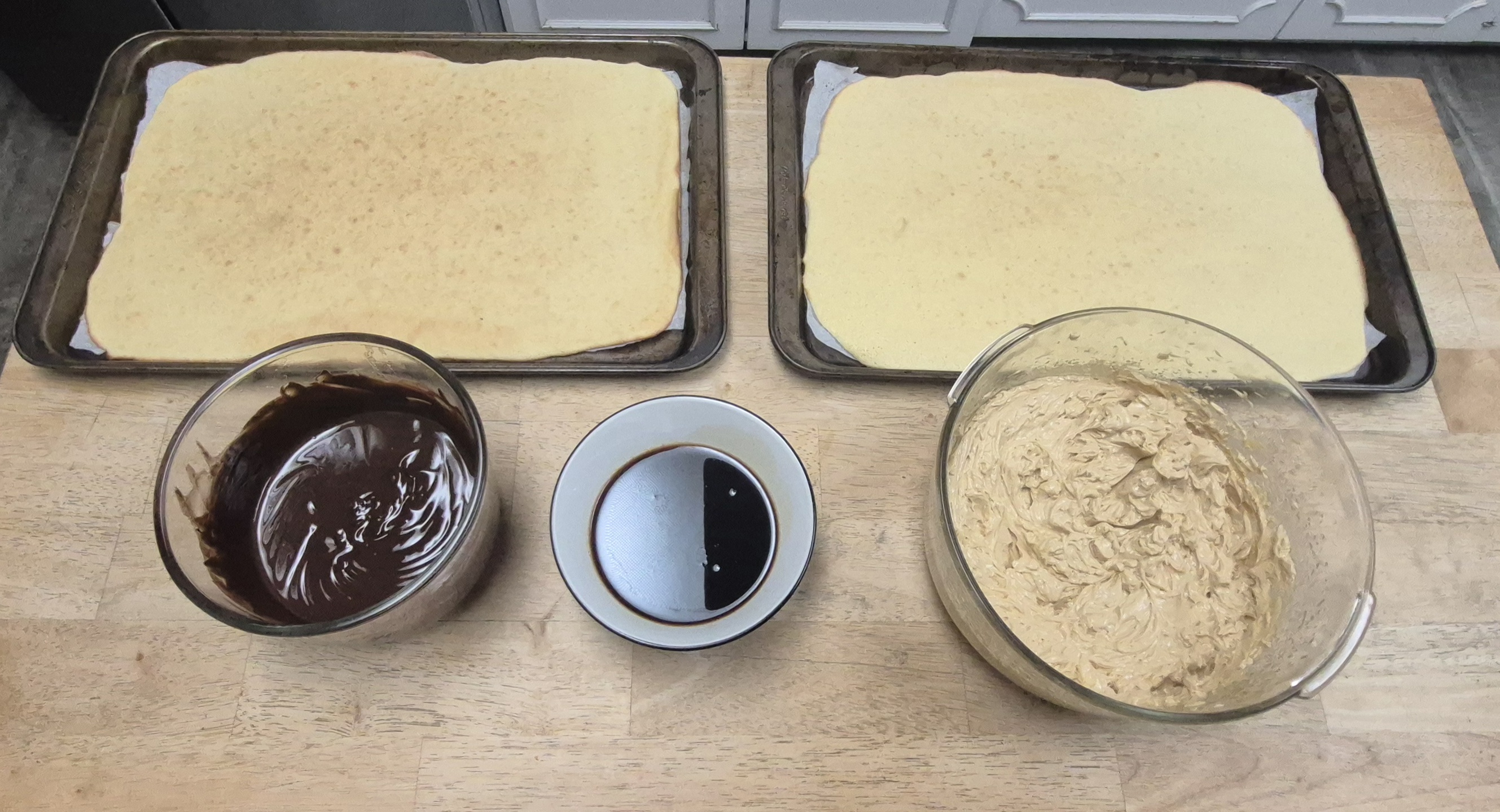 all the ingredients of an opera cake on the table